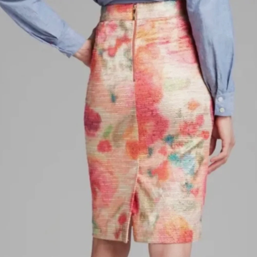Kate Spade Watercolor Jacquard Tweed Pencil Skirt XS Multicolor Metallic Floral